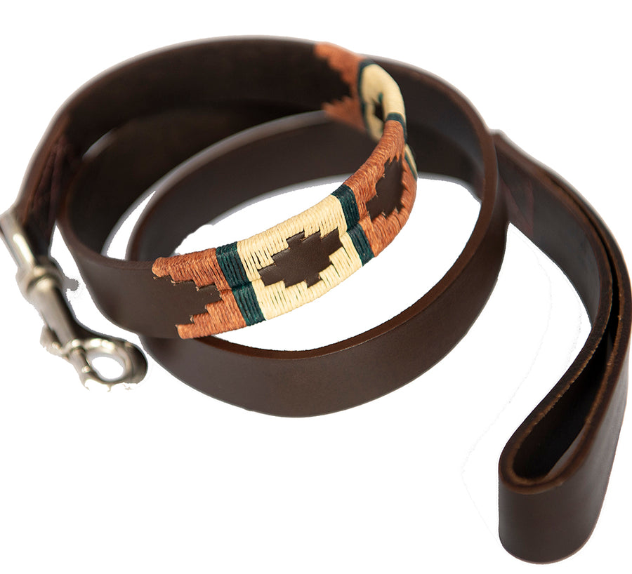 Polo Dog Lead - Copper/beige/green stripe