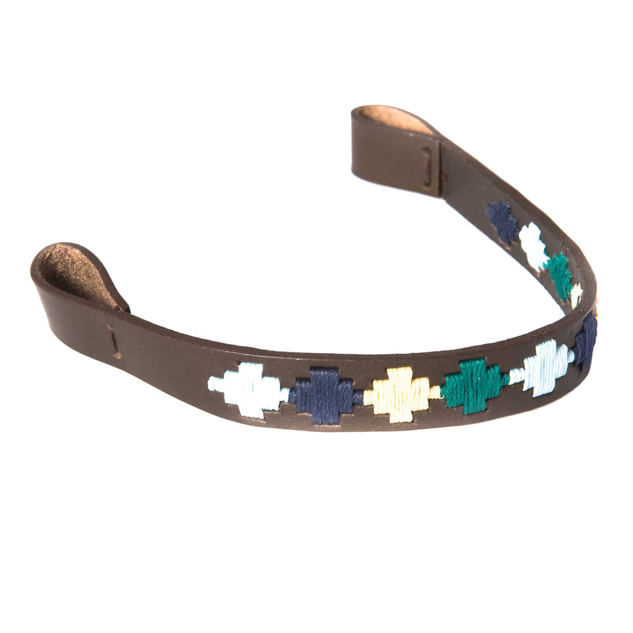 Brown Leather Browband - Green/pale blue/navy/cream