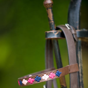 Brown Leather Browband - Berry/navy/pink