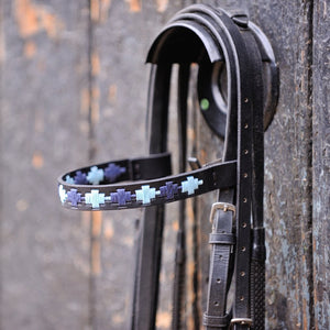 Black Leather  Browband - Pale blue/navy
